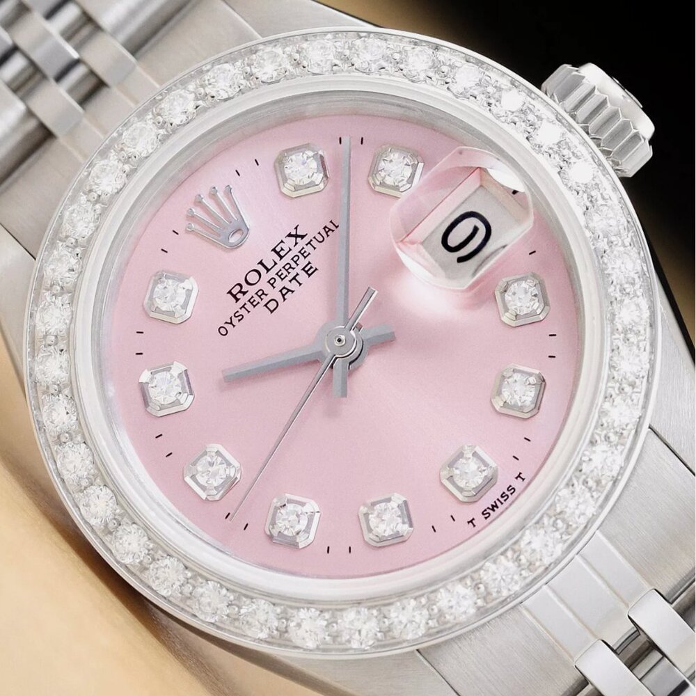 LADIES ROLEX DATE PINK DIAMOND DIAL 18K WATCH